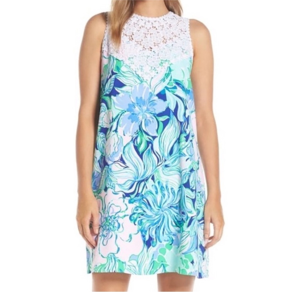 Lilly Pulizter Nala Soft Shift Dress Multi Party Thyme  Floral Sleeveless Lace